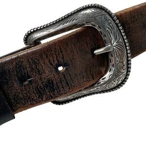 NPET Senmi Belt Mens 36-38 Brown‎ Full Grain Genuine Leather Silver Buckle
